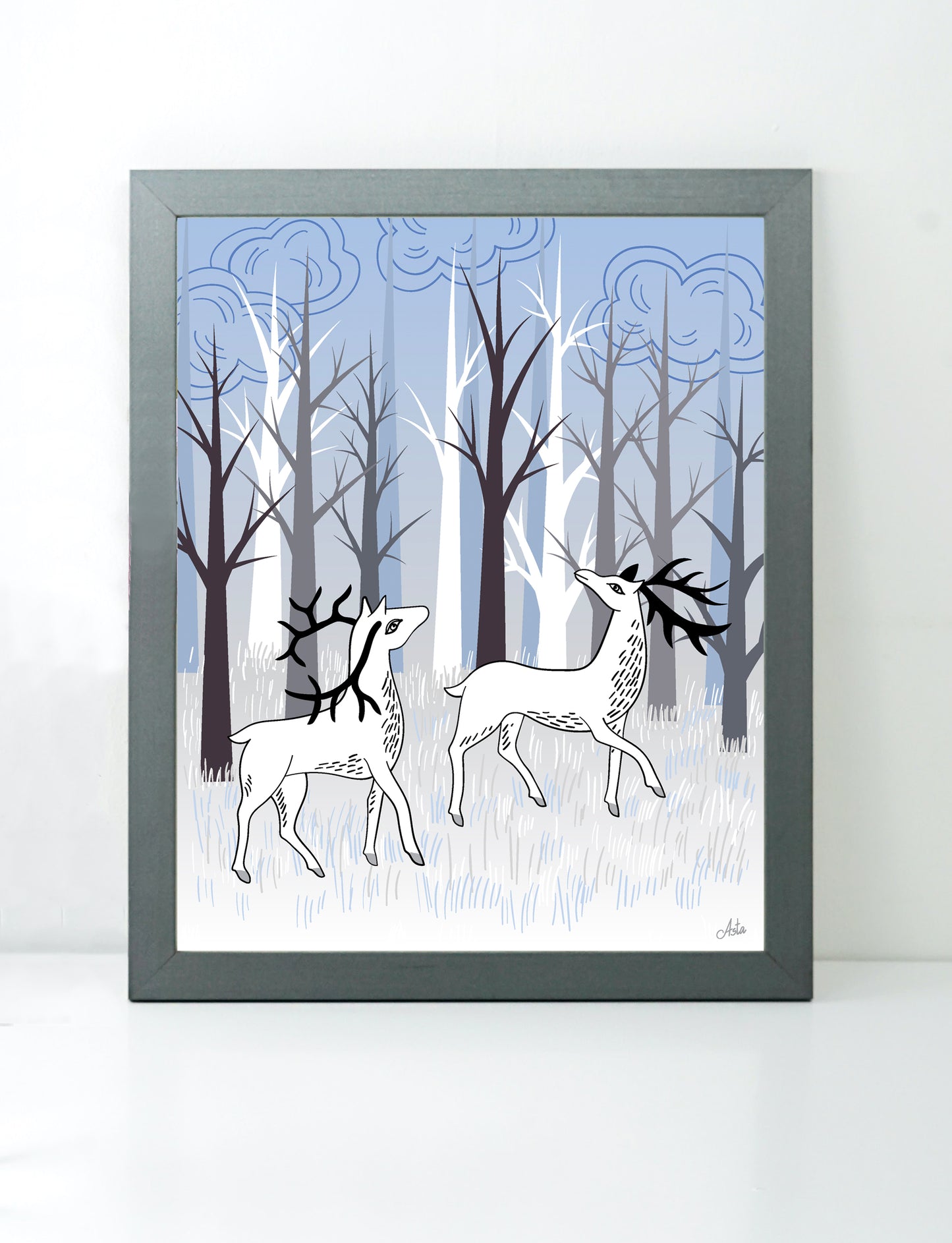 Winter Landscape With White Deer art print