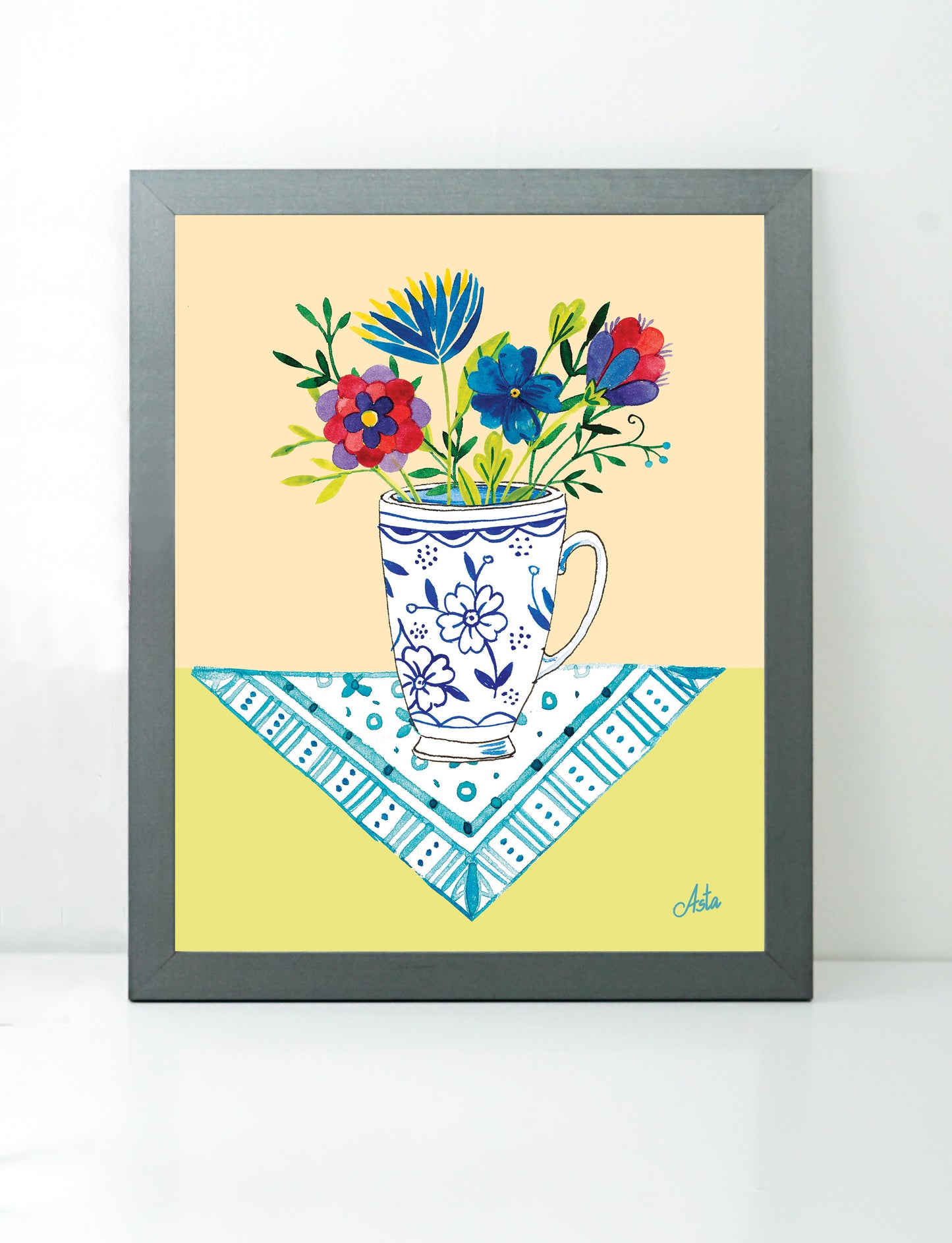 Red and blue flowers in a mug art print