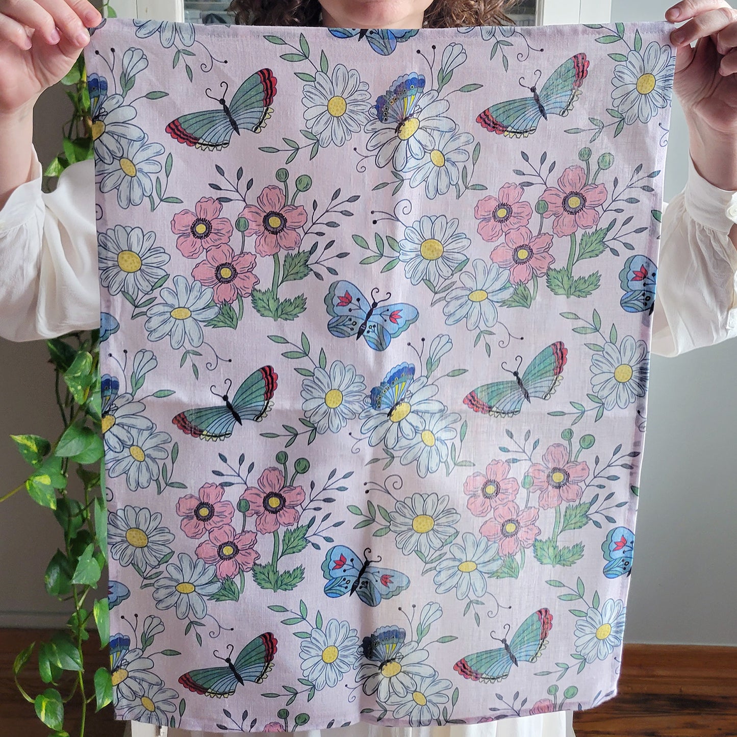 Butterfly garden linen tea towel