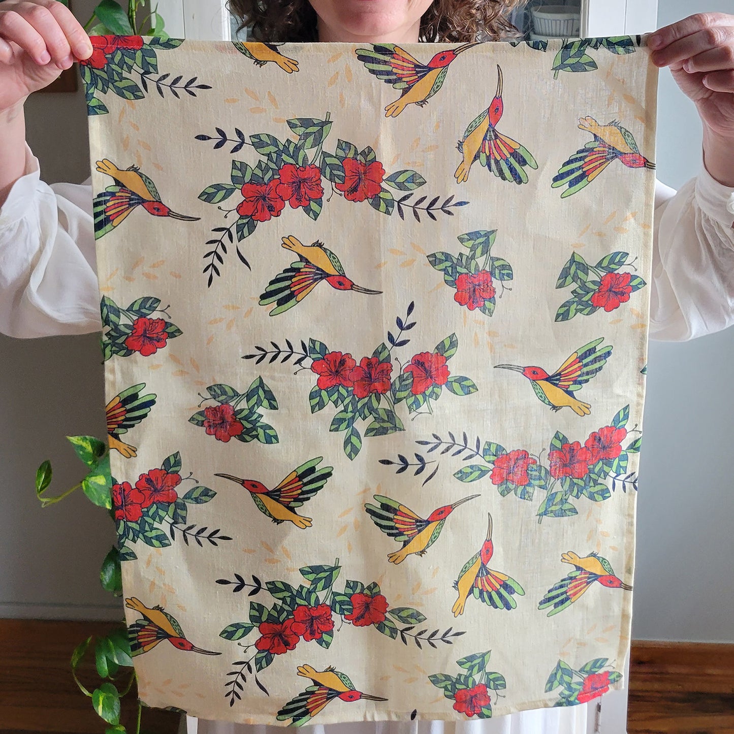 Hummingbird garden linen tea towel