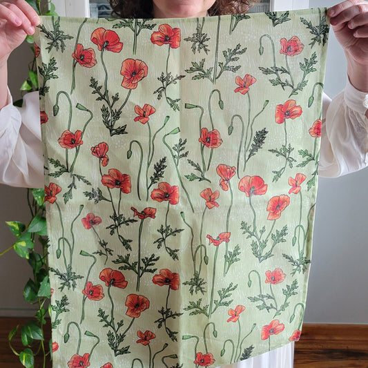 Wild poppies linen tea towel