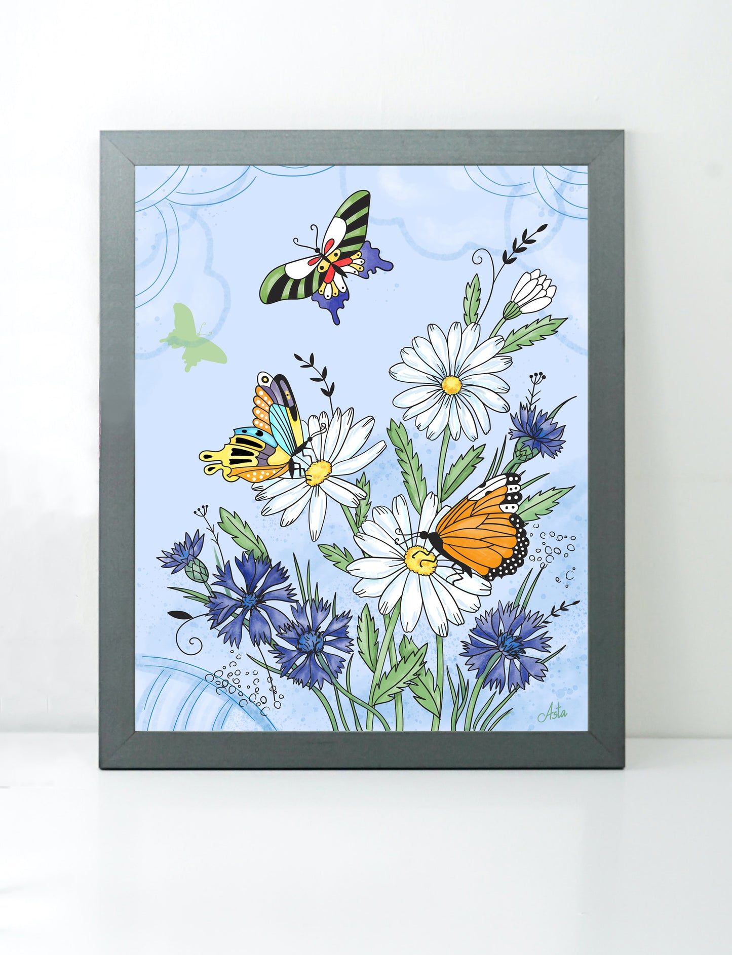 Butterflies with daisies and cornflowers art print