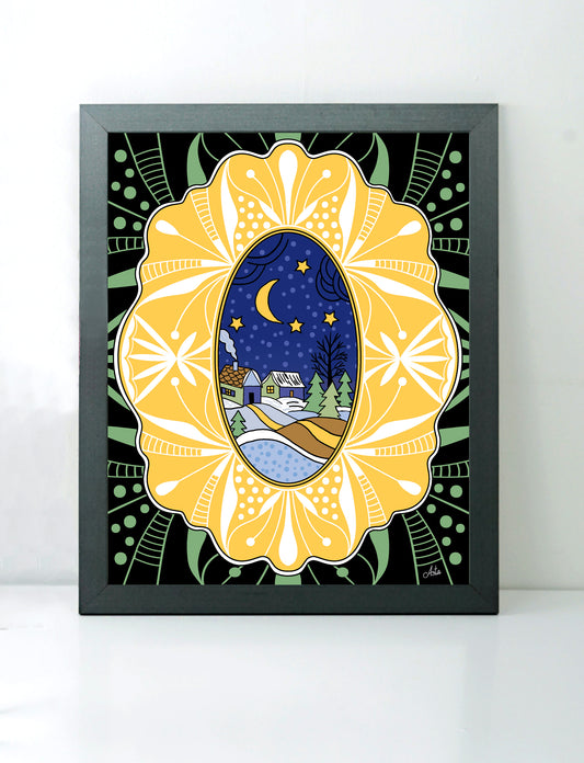 Night Winterscape With Yellow Border art print