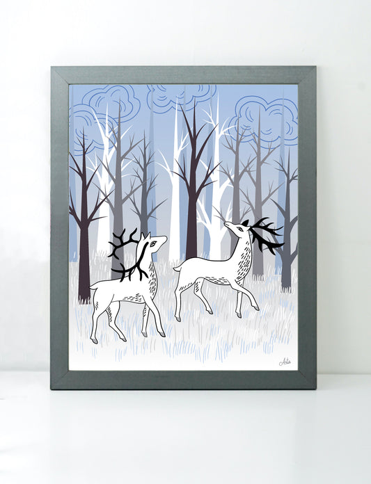 Winter Landscape With White Deer art print
