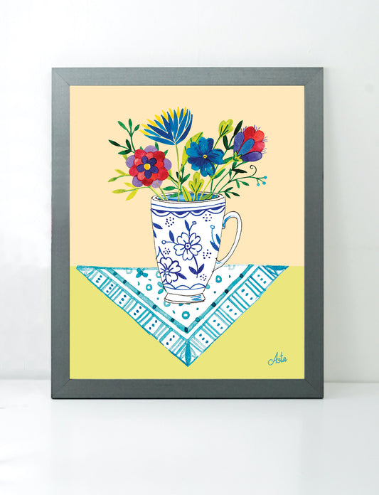 Red and blue flowers in a mug art print