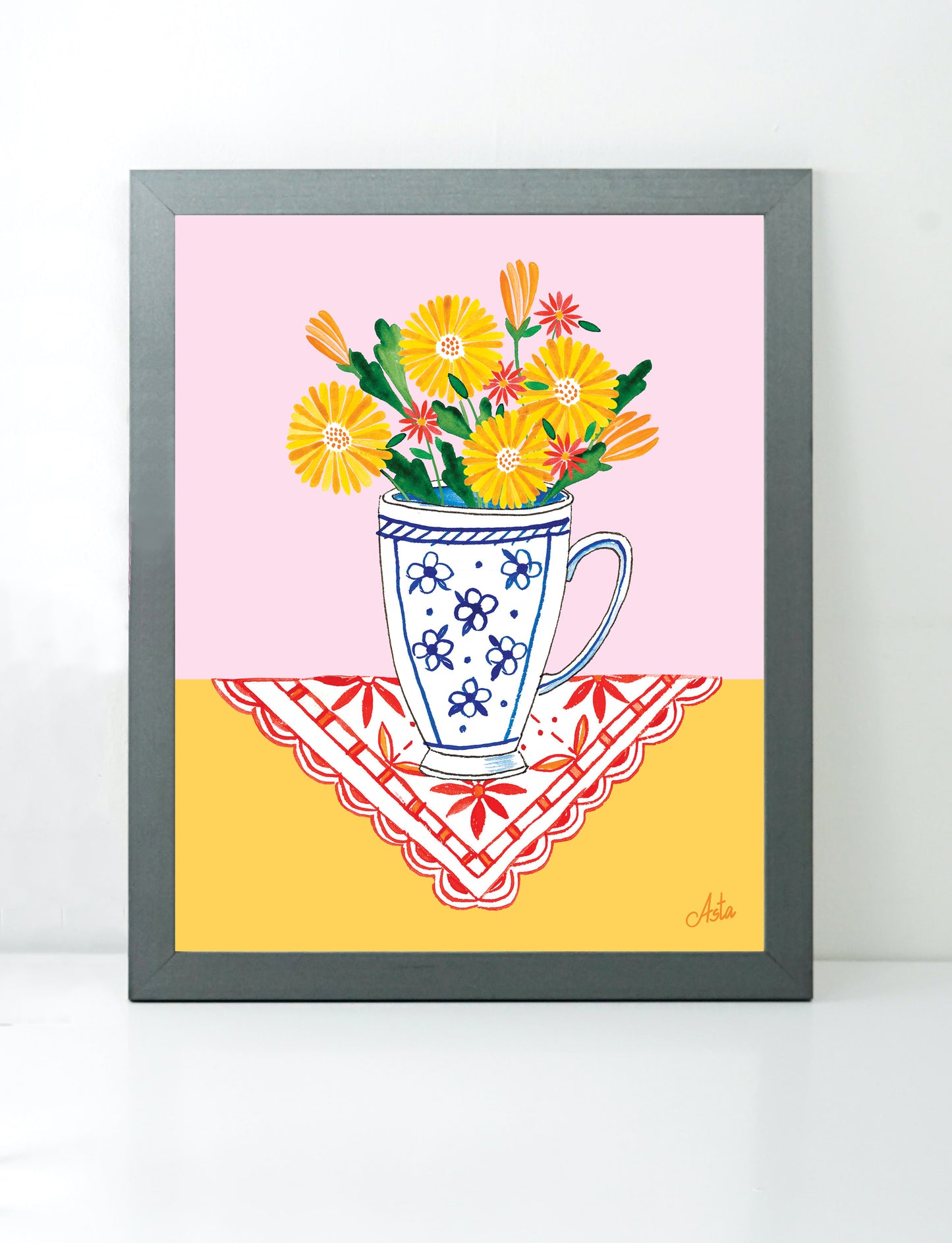 Yellow flowers in a mug art print