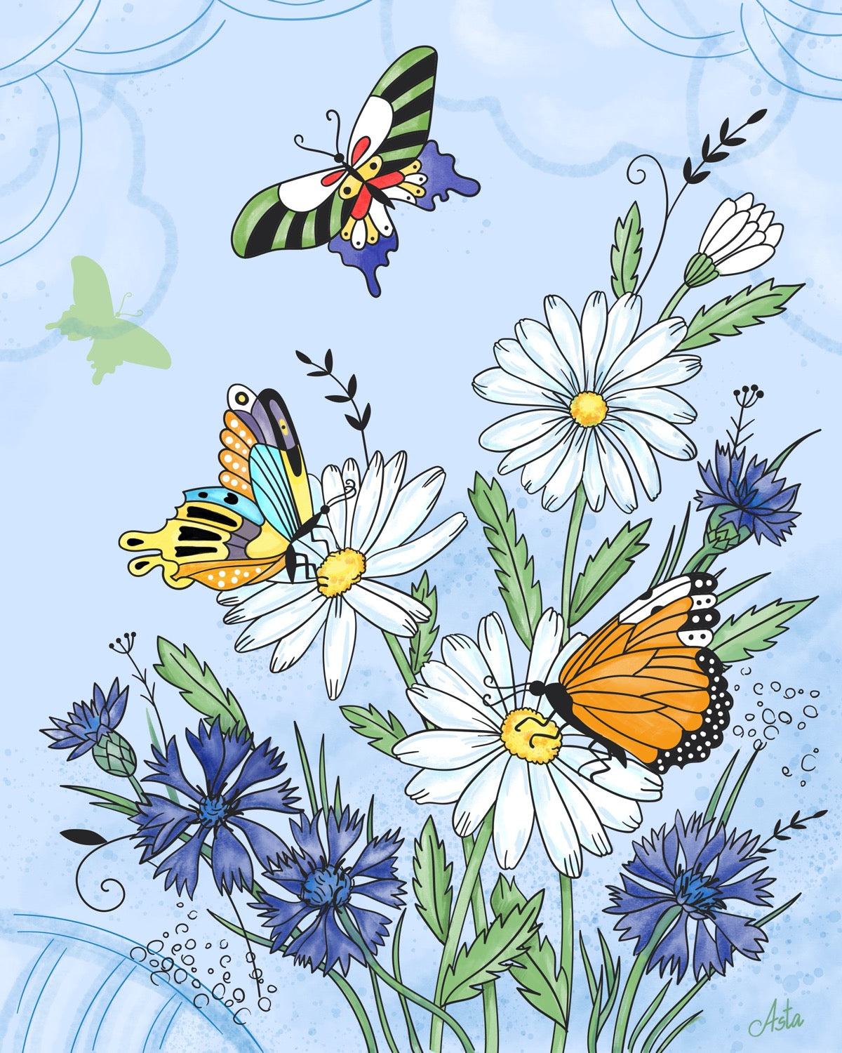 Butterflies with daisies and cornflowers art print