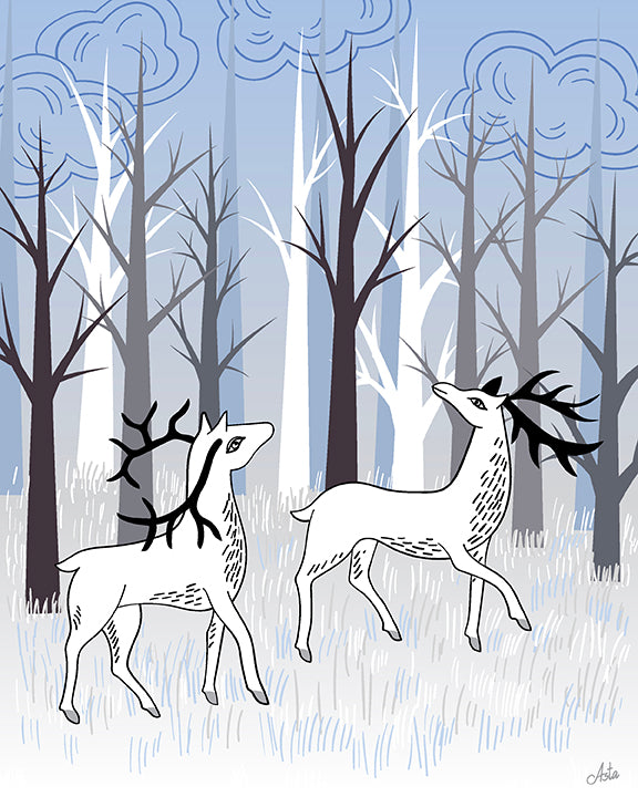 Winter Landscape With White Deer art print