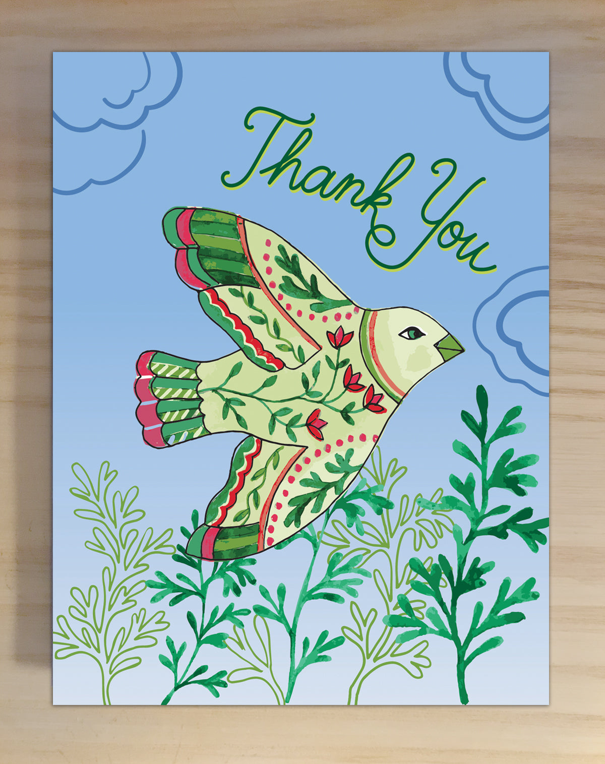 Green bird thank you greeting card