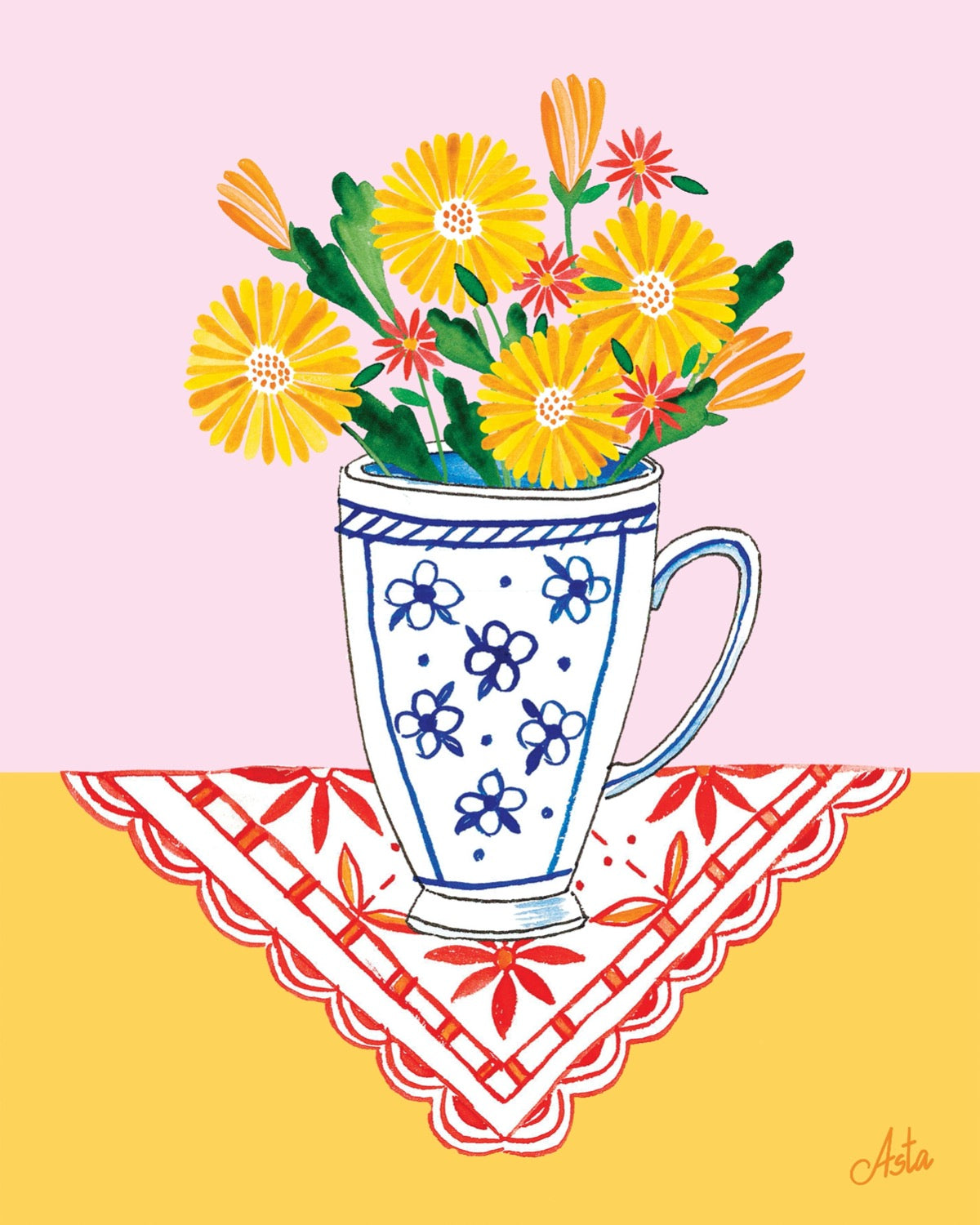 Yellow flowers in a mug art print